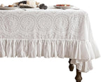 patdrea Vintage Ruffle Tablecloth for Rectangle Tables,Farmhouse Embroidered Cotton White Lace Table Cloth Cover Decor for Dining Room Wedding Banquet Thanksgiving Christmas,63"*98"