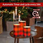 Silverstro Christmas Red Flameless Candles: Farmhouse Theme Flickering Real Wax Buffalo Check Decorative Candles with Remote - Home Party Bathroom Room Christmas Decorations - Set of 3