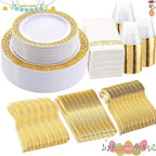 WELLIFE 350Pcs Gold Dinnerware Sets, Plates and Napkins Party Supplies Include:50 Dinner Plates, 50 Dessert Plates, 50 Paper Napkins, 50 Cups, 50 Gold Plastic Cutlery Set