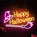 Happy Halloween Neon Sign Witch Hat Neon Sign Dimmable Broom Led Wall Decor Neon Lights Halloween Decorations for Home Spooky Party Kids Room