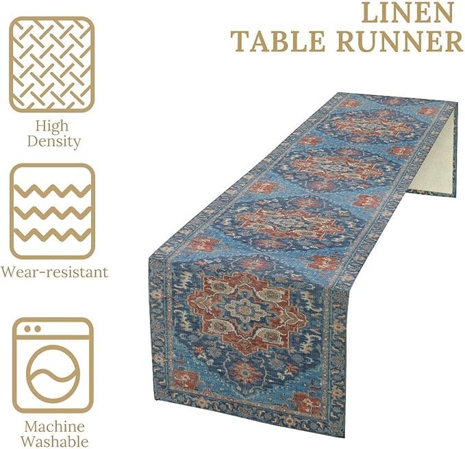 Boho Floral Vintage Table Runner, Retro Abstract Blue Flower Rustic Country Farmhouse Pattern for Home Kitchen Table Decor Dining Coffee Room Party Decor 13x90in