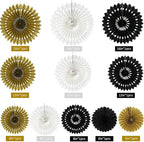 BEISHIDA Black Gold White Hanging Honeycomb Round Paper Fans Decoration Set for New Year Baby Shower Birthday Wedding Bachelorette Photo Booth Backdrops Anniversary Paper Party Supplies（11packs）