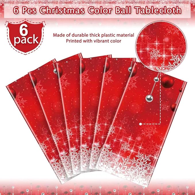 6Pieces Merry Christmas Tablecloth Plastic Christmas Tree Ball Table Cover Rectangle Winter Snowflake Tablecloth for Merry Christmas Holiday New Year Eve Party Decorations Supplies,54x108inch