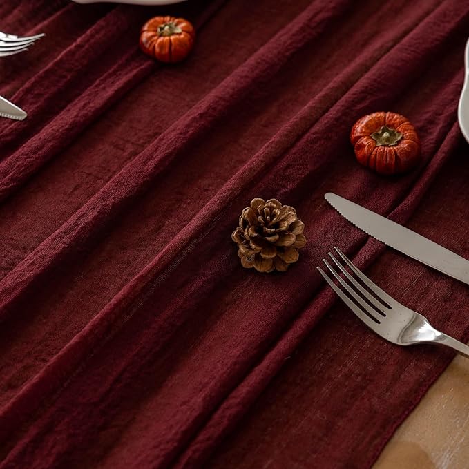 Burgundy Christmas Table Runner Decor Red Cheesecloth Gauze 120 Inch 10 FT Rustic Boho Cheese Cloth Runner for Wedding Baby Bridal Shower Party Long Sheer Home Christmas Decorations