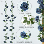 2 Strands 73'' Artificial Silk Rose Flower Vines Garland, Fake Roses Floral Green Leaves Hanging Plant for Wedding Arrangement Decoration, Wall, Party, Bedroom, Home Decor (Blue)