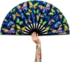 UV Glow Rave Fan, Bamboo Folding Clack Hand Fans Foldable for Men Women, Boots on the Ground Poping Fan for EDM Festival Line Dance Decoration, (Butterfly-1, Large 13")