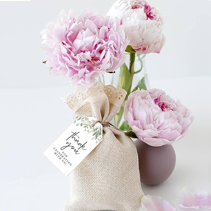 Andaz Press 100-Pack Thank You for Celebrating with Us Favor Tags Greenery Leaves Cardstock Gift Tags with Bakers Twine for Wedding Baby Shower Bridal Shower Birthday Party Favors 2 x 3.75-Inches