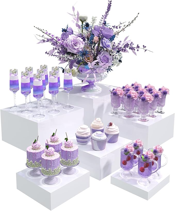 Buffet Risers, Food Display Risers for Party, White Acrylic Risers Display Stand for Buffet Table, Catering Displays for Dessert, Cube Box Nesting Riser with Hollow Bottoms (5"x6"x7"x8"x9"x10" 6 PCS)