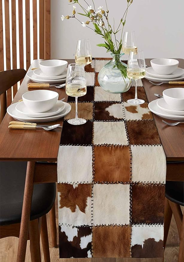 Abstract Cowhides Cotton Linen Table Runner for Dining Kitchen, Wedding Outdoor Party Tablerunners Decoration, Brown Beige Animal Fur Texture Dresser Scarf Coffee Tablecloth Runners 13x120 Inches