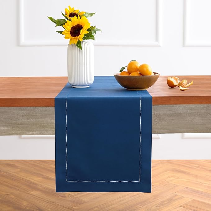 Solino Home Table Runner 120 Inches Long - Cotton Linen Hemstitch Lapis Blue Table Runner 14 x 120 Inch for Fall, Autumn