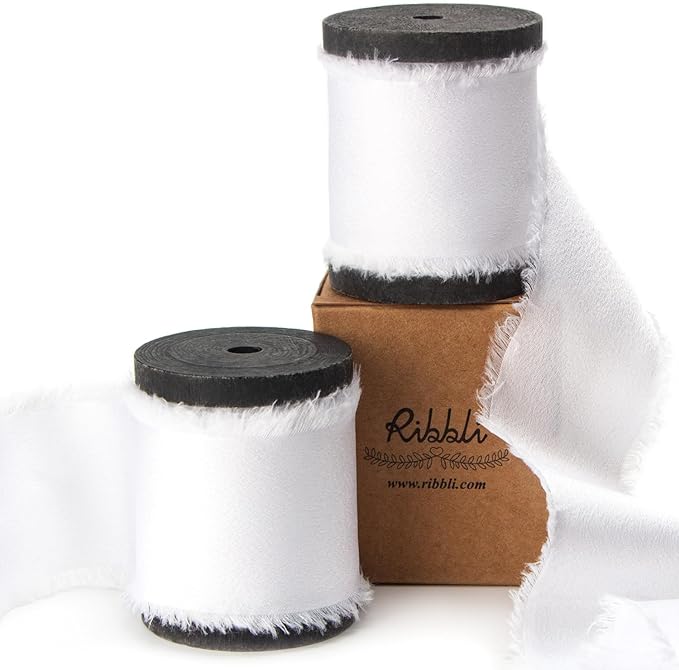 Ribbli White Silk Satin Ribbon 1.5 Inch x 12 Yard Handmade Frayed Chiffon Ribbon with Wooden Spool for Gift Wrapping, Wedding Invitations, Bridal Bouquets, Home Decor