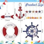 Marsui 11 Pcs Wooden Nautical Wall Decor Fishing Net Decoration, Include Decorative Fishing Net, Ship wheel, Fish Skeleton, Life Ring, Anchor, Starfish Beach Decor for Mediterranean Party (Retro Red)