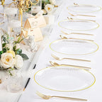 Rubtlamp 100 Pcs Gold Plastic Plates - 10 inch Clear Gold Dinner Plates - Hammer Pattern Design - Fancy Disposable Plate - Heavy Duty Party Plate Ideal for Wedding