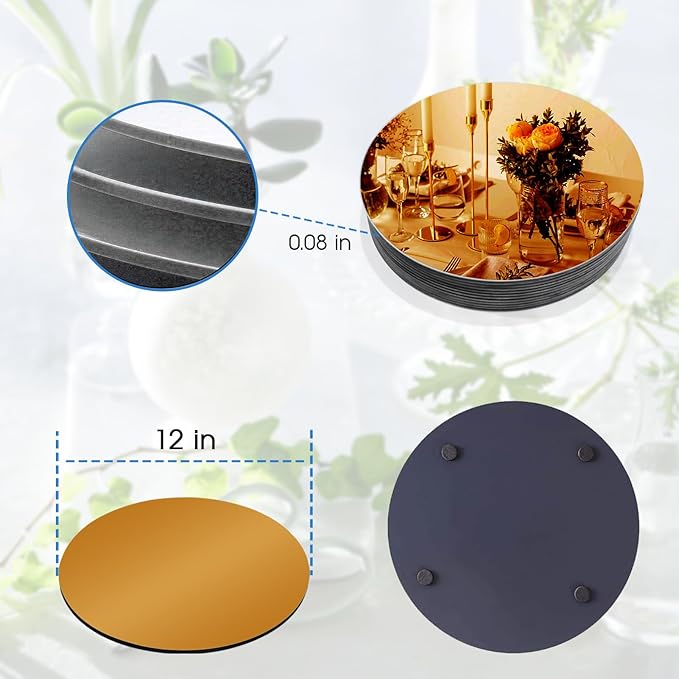 VASUHOME 12" Gold Mirror Centerpieces for Tables, Round Mirror Plates Set for Candle, Wedding, Party Decorations, Circle Mirror Trays with Smooth Edge and Cushioned Feet, 2mm Thick