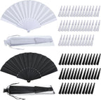 Wenqik 80 Pcs Wedding Folding Hand Fans Bulk Silk Fabric Chinese Handheld Foldable Clack Fans with Plastic Ribs for Party, Wedding Gifts, Line Dancing, Home Decorative (Black,White)