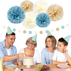 Light-Dusty Blue Beige-Champagne Boho Party Decorations - 23pcs Baby Bridal Shower Tissue Pom Poms Streamers,Women Girls Birthday Tassel Garland Banner,Bachelorette Wedding Decor Backdrop Ouruola