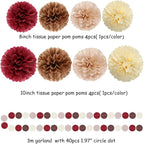 Brown Burgundy Champagne-Gold Party-Decorations - 30pcs Rustic Boho Wedding Tissue Pom-Poms Streamers ,Fall Autumn Tassel Garland Banner,Birthday Baby Bridal Shower Engagement Decor Lasting Surprise