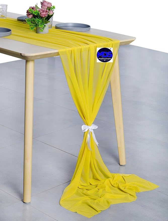 MDS 5 Pack 10ft Chiffon Table Runner 29 x 120 Inches Sheer Wedding Runner Romantic Rustic Table Runner for Wedding Decorations, Birthday Parties, Bridal Shower Party Arch Decor - Yellow