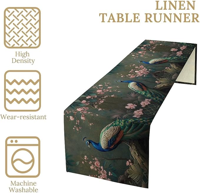 Peacock Table Runner,Vintage Aesthetic Peacock Birds Table Runner for Home Kitchen Dining Party Indoor Outdoor Decoration 13x60 Inch