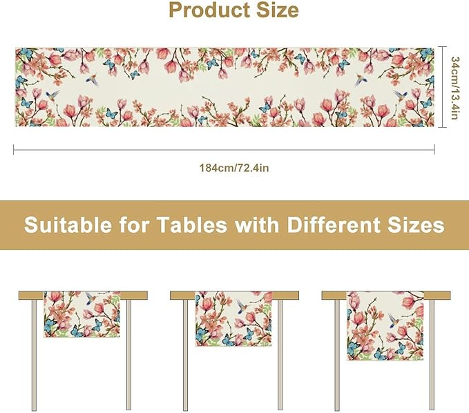 Spring Floral Bird Table Runner, Watercolor Pink Flower Plants Nature Butterfly Table Runner for Kitchen Dinner Living Room Home Party, 13x90 Inch