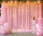 20ft x 10ft Pink Tulle Photo Backdrop Curtain with Lights String for Baby Shower Sheer Baby Pink Curtain Backdrop for Birthday Party Wedding Photo Booth Photography Background Decorations