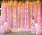 Pink Tulle Backdrop Curtains with Lights String for Parites 20ft×8ft Pink Sheer Backdrop Curtains for Baby Shower Girls Bridal Shower Birthday Party Photo Shoot Decorations(4 Panels 5×8ft)