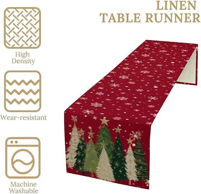 Merry Christmas Table Runner,Red Christmas Tree Snowflake Winter Seasonal Table Cloth Kitchen Dining Table Decoration for Home Party Decor 13x120 Inch