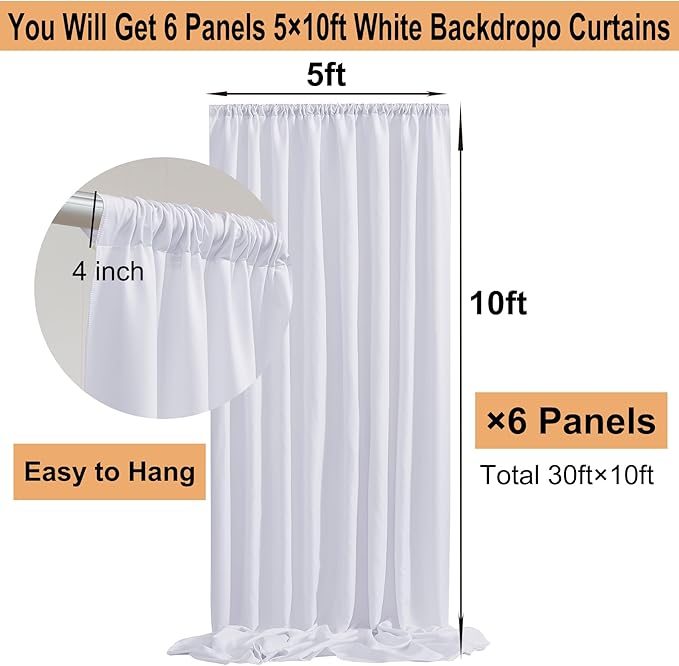 30ft x 10ft Thick White Backdrop Curtains for Parties, 6 Panels 5ft x 10ft Non See Through White Polyester Wedding Drapes Photo Backdrop for Birthday Party Graudation Photography Home Decor