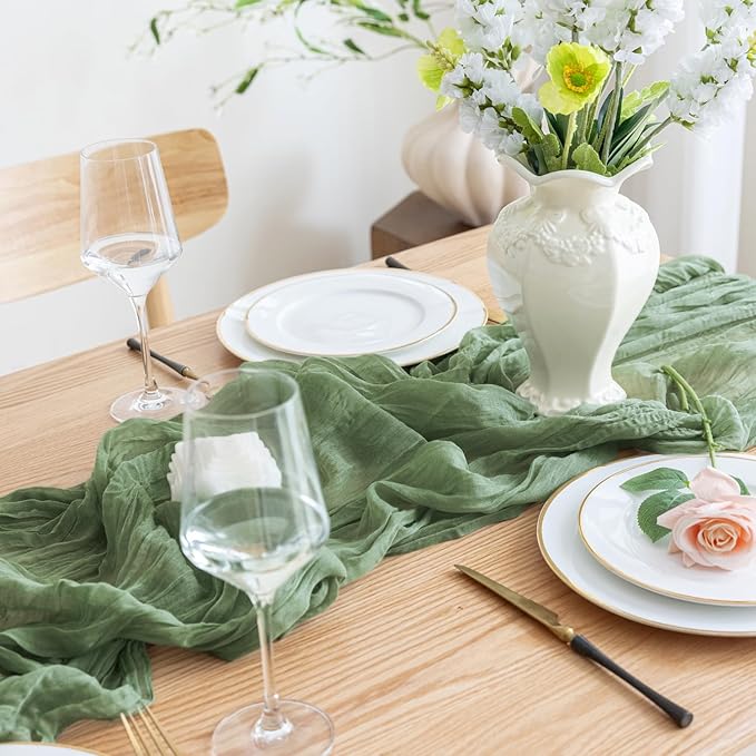 Asee'm 2pcs Cheesecloth Table Runner 120 Inches Sage Green Boho Gauze Cheese Cloth Runner 10FT Rustic Sheer Table Runners for Summer Wedding Baby Shower Holiday Party Decoration