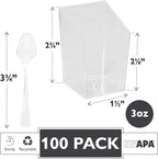 Ilyapa 3oz Plastic Dessert Cups - 100 Pack Mini Dessert Cups with Spoons - Small Clear Reusable for Cheesecake Shooters, Chocolate Mousse, Parfait - Party and Catering Supplies - Slanted