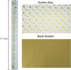 Burymento Gold Foil Five-Pointed Star Wrapping Paper, Reversible Gold Gift Wrap for Birthday, Valentines, Mothers day, Graduation, Wedding, Fathers day, Baby Shower, Christmas (17in x 32.8ft)
