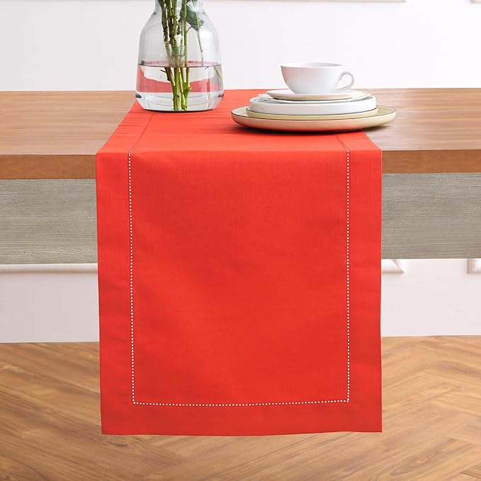 Solino Home Cotton Linen Poppy Red Table Runner 72 Inches Long - Hemstitch Table Runner 14 x 72 Inch for Dresser, Dining, Halloween