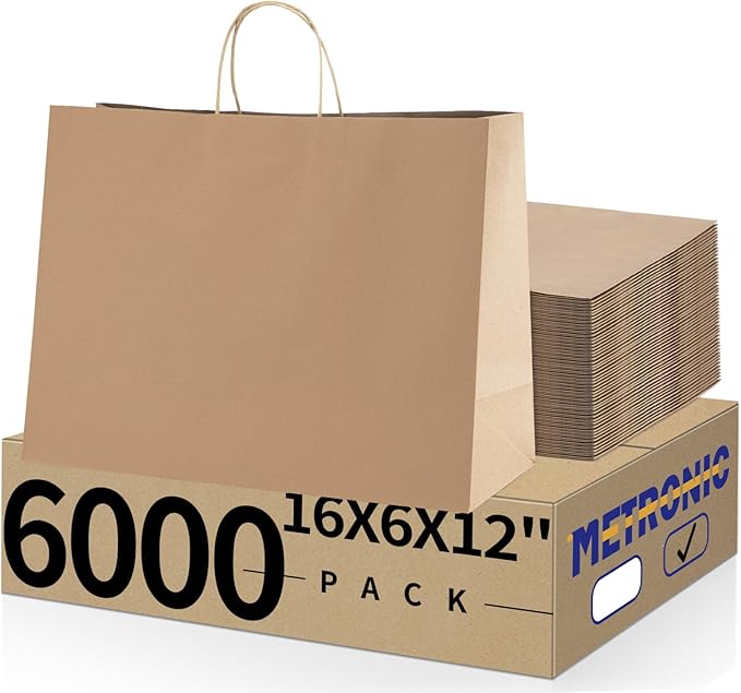 METRONIC Kraft Paper Gift Bags with Handles 16x6x12 Inch 6000 Pack | Christmas, Birthday Party Favors, Retail Shopping, Small Business Bulk | Brown Gift Wrap Bag