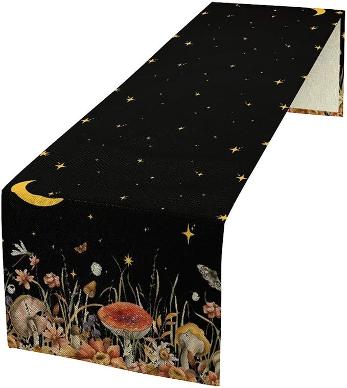 Mushroom Kitchen Table Runner, Gothic Moon Star Plants Witchy Moonlit Flower Butterfly Table Runner for Kitchen Party Living Room Drapes, 13x108 Inch Black