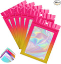 Funfery 100 Pack Gradient Holographic Bags,Mylar Resealable Bags with Zipper,Clear Window Packaging Pouchs,Smell Proof Bag for Food Storage,Sample Jewelry Bag(6.3x9.4In,Hot Pink Orange)