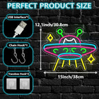 UFO Neon Sign,Cat Dimmable LED Light Signs for Wall Art Decor,Space Backdrop for Game Room Bedroom Club Party Man Cave,Gift for Boys Teen Men USB Powered（15"*12.1"）
