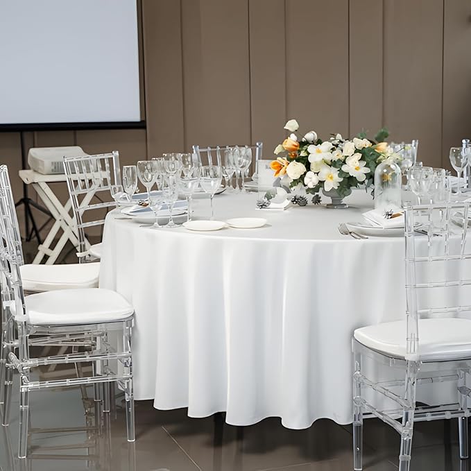 12 Pack White Round Tablecloth 108 Inch White Table Cloth Stain and Wrinkle Resistant Round White Tablecloths Reusable and Washable Polyester Fabric Table Covers for Buffet Wedding Party and Banquet