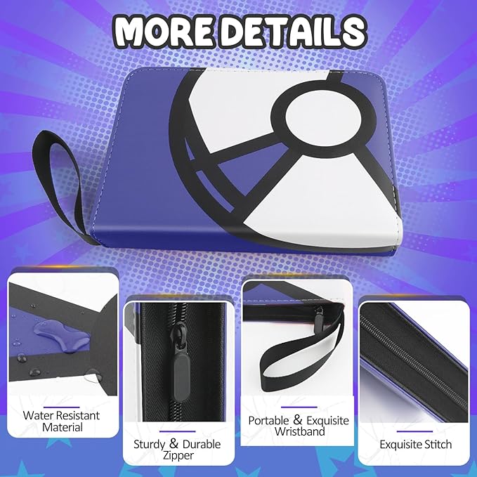 Trading Card Binder 4-Pockets, 400 Pockets Card Holder with 50 Removable Sleeves, Large Capacity & Waterproof Zipper Album Holder for Trading Card Collector, Portable Card Album Book for Card-Blue