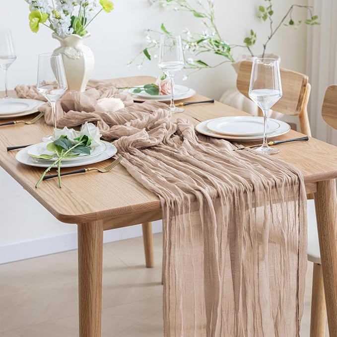 Asee'm 2pcs Cheesecloth Table Runner 120 Inches Long Nude Pink Boho Gauze Cheese Cloth Runner 10FT Rustic Sheer Table Runners for Christmas Wedding Party Baby Shower Spring Easter Decoration