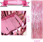 4 Pack Pink Foil Fringe Curtain Backdrop, 3.28Ft x 8.2Ft Metallic Tinsel Foil Fringe Streamer Curtains for Photo Booth Props, Birthday, Wedding, Valentine's Day Decoration Party Supplies New