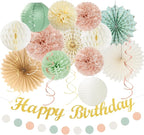 Sage-Green Blush-Pink Beige Birthday Party-Decorations - 21pcs Happy Banner,Cream Light Dusty Pink Paper Lanterns Pom Poms,Rustic Boho Neutral Streamers Garland,Women Girls Decor Supplies Huglony