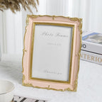 Cuspin Vintage Pink 5x7 Picture Frame, Pink and Gold 5 by 7 Antique Photo Frames, Ornate Textured Hand-Crafted Resin Frame with Glass Front for Tabletop Display, Retro Design Home Decor