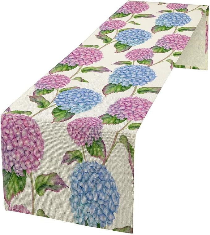 Spring Hydrangea Flower Table Runner, Seasonal Summer Plants Watercolor Pink Purple Florals Dinner Runner for Home Kitchen Dining Table Party Holiday Decoration 13"x60"