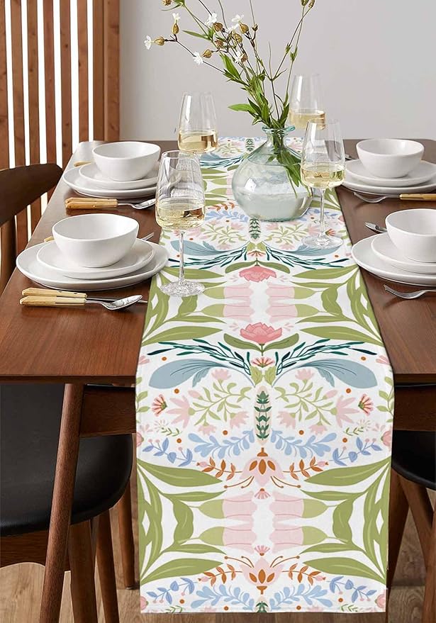 Green Blue Pink Boho Floral Cotton Linen Table Runner for Dining Kitchen, Wedding Outdoor Party Tablerunners Decoration, Retro Bohemian Botanical Dresser Scarf Coffee Tablecloth Runners 13x36 Inches