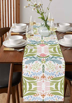 Green Blue Pink Boho Floral Cotton Linen Table Runner for Dining Kitchen, Wedding Outdoor Party Tablerunners Decoration, Retro Bohemian Botanical Dresser Scarf Coffee Tablecloth Runners 13x60 Inches