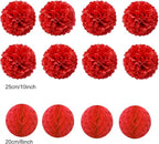 Hanging Paper Fan Set, Tissue Paper Pom Poms Flower Fan and Honeycomb Balls for Birthday Baby Shower Wedding Festival Decorations - Red