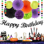 Black-Green Orange-Purple Halloween Birthday Party-Decorations - 21pcs Happy Banner,Paper Lanterns Honeycomb,Tissue Pom Poms Flower Fan,Kids Classroom Hanging Streamers Garland Decor Supplies Huglony