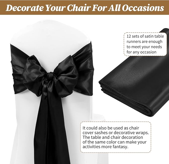 12 Pack Black Satin Table Runner,12 x 108 inch Long Premium Smooth Table Runner for Wedding, Banquets, Birthday, Party, Graduation, Engagements, Table Runners fit Rectangle and Round Table
