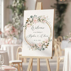 Personalized Wedding Welcome Sign, Gold Circle Pink Flowers Wedding Sign Signage 12" X 18" (Small), 27" (Medium), 36" (Large), Plastic, Modern, Pole Mount, Weather