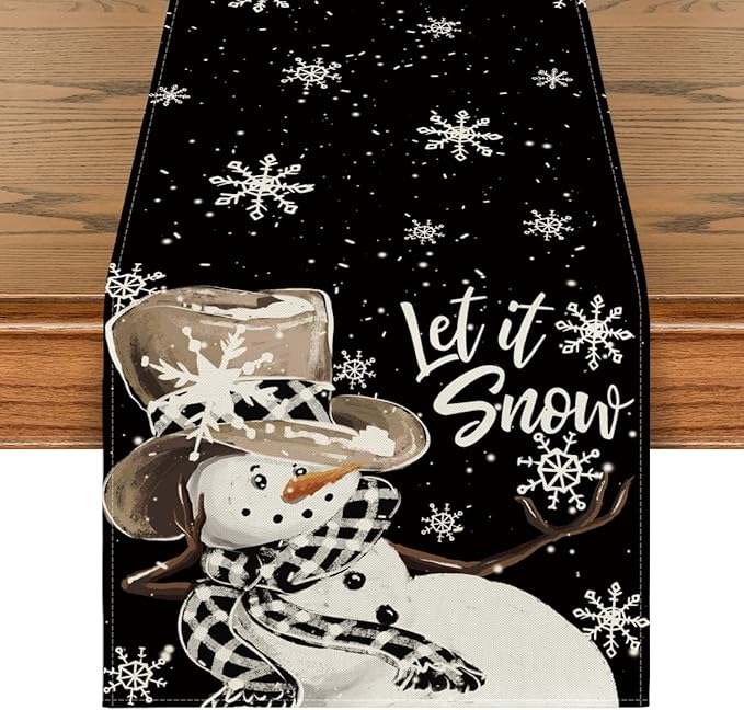 Artoid Mode Black Snowman Snowflake Let it Snow Winter Table Runner, Christmas Kitchen Dining Table Decoration for Home Party Decor 13x48 Inch